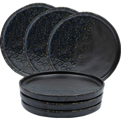 Set 6 Piatti Dessert in Porcellana Nero con Dettagli Blu e Oro – Ø 20,5 cm - Piattini Eleganti per Dolci, Torte e Insalate (1/5)