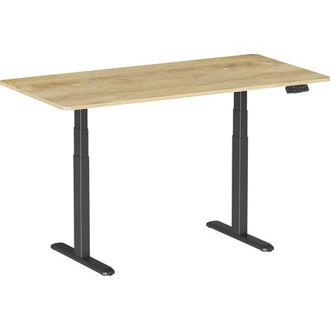 Bureau motorisé assis-debout 150x75cm, Plateau bois clair rustique à bords arrondis/Pied noir