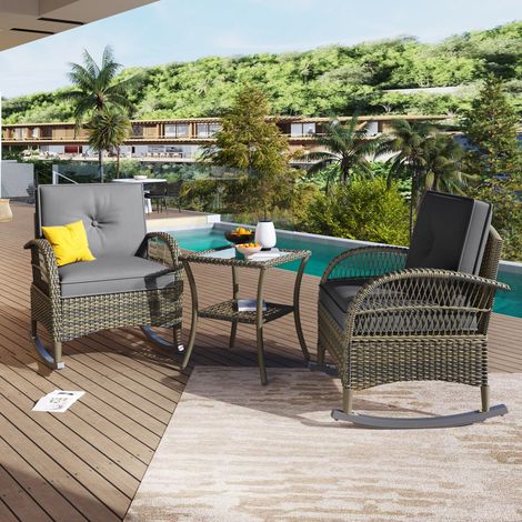 Salon balcon rotin 3 pièces, 2 chaises bercantes + table verre, coussins gris, charge 160 kg (1/5)