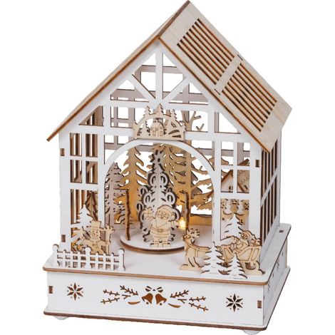 Lumineo Batterie LED Weihnachts-Fachwerkhaus Natur & Weiß mit Bewegung & Musik 7 LED 18 x 23,8 cm - warmweiß (1/5)