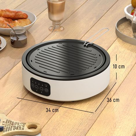 Plaque de cuisson vitrocéramique double fonction, 2 en 1, pour cuire et griller, 2000 W, 4 niveaux de puissance, affichage LED, bac de récupération des graisses, blanche