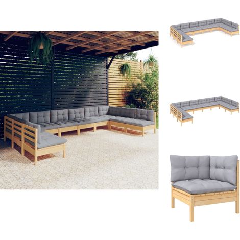 Gartenmöbel-Sets - Living 10-tlg. Garten-Lounge-Set mit Grauen Kissen Kiefer Massivholz (1/5)