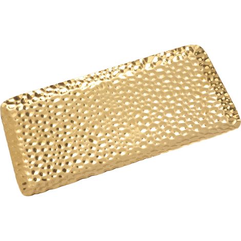 Plateau martelé en acier inoxydable inodore, 19,5 x 9,5 cm, finition dorée. Idéal pour le salon, la chambre, la cuisine et la salle de bain. (1/5)