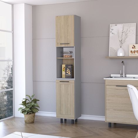 Dispensa da cucina alta Hasselt con più ripiani, 208,4 cm di altezza, 13,75 cm di larghezza, 15,75 cm di profondità, colore grigio e Rovere (1/5)