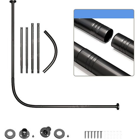 Barre de rideau de douche en acier inoxydable en forme de L, support télescopique pour salle de bain, 108-138 cm (Noir) (1/4)