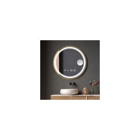 Miroir lumineux de salle de bain rond 60x60cm – LED avec capteur tactile – Lumière blanche et chaude – Cadre doré en aluminium antirouille (1/4)