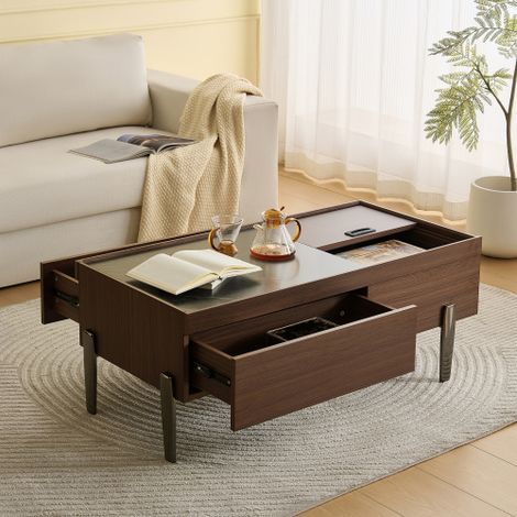 Table Basse Moderne avec Tiroirs & Plateau en Verre - Design en Bois Marron Foncé, Veines du Bois en Aspect Marbre, Pieds Métalliques & Beaucoup d'Espace de Rangement pour le Salon