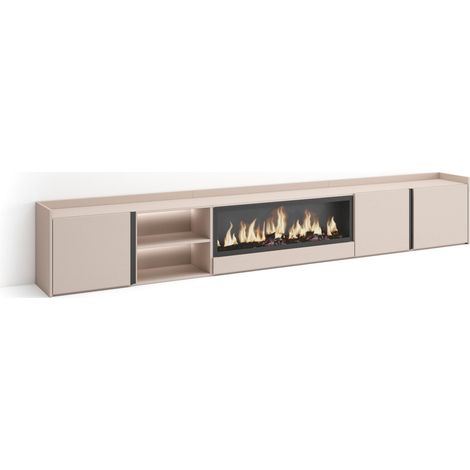 Skraut Home - Mueble TV, Televisión, Muebles de salón, almacenaje, 315x35x50cm, Para TV hasta 80", Chimenea eléctrica XXL, LED, Estilo Moderno, Beige (1/5)