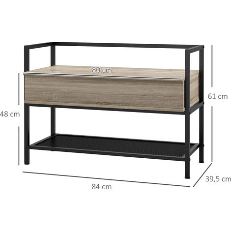 Panca da ingresso con coperchio incernierato, scarpiera con vano nascosto e ripiano in filo metallico, 84x39,5x61 cm, rovere (1/5)