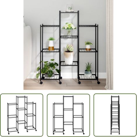 The Living Store Blumenständer mit Rollen 83x25x103,5 cm Schwarz Eisen - Blumenständer - Pflanzenständer - Eckregal - Metallregal - Gartengeräte (1/5)