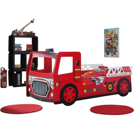 Pack - Lit Enfant & Matelas "Camion de Pompier" 90x200cm Rouge (1/2)