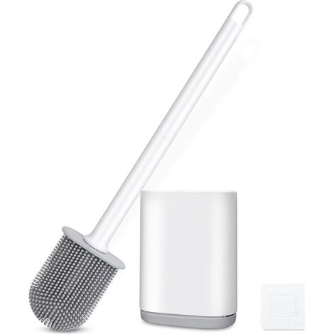 Scopino per WC in silicone con supporto, pulizia flessibile ed efficiente, scopino da parete con manico lungo, testina e setole in silicone, manico resistente alla putrefazione (bianco)