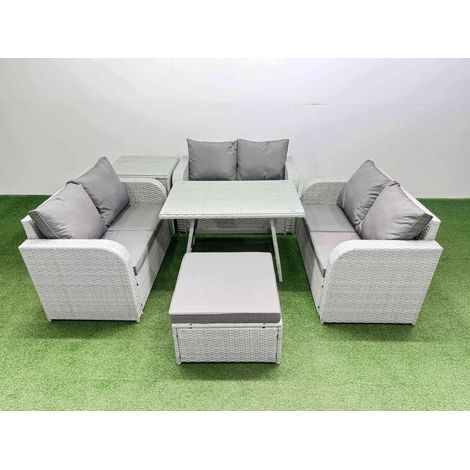 Fimous Rattan Garden Furniture Dining Set 7-seater Patio Rectangular Table Love Sofa Set with Side Table Big Stool (1/4)