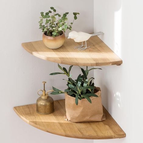 Lot de 2 Étagère d'angle en Bois de chêne, 25cm, Trou de Fil, pour Salon, Cuisine, Chambre (1/5)