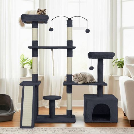 Arbre à Chat 136cm Maison de Jeu avec Poteaux à Griffer en Sisal Rampe 2 Perchoirs Rembourrés Grand Condo Balles Suspendues Gris Foncé (1/2)