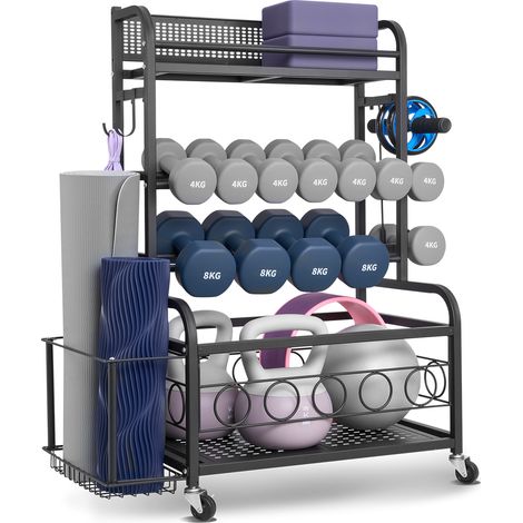 VEVOR Supporto per Tappetino da Yoga per Palestra Domestica 4 Ripiani, Supporto per Porta Sollevamento Pesi Tappetino da Yoga con Ruote Ganci, Portaattrezzi per Esercizi Fitness Palestra