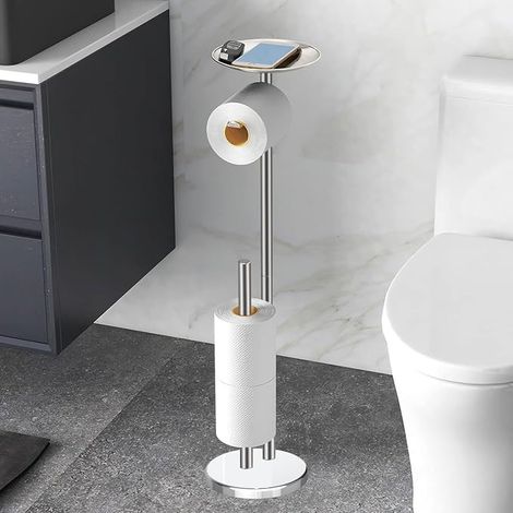 Porte-Rouleau de Papier Toilette sur Pied avec Étagère Argenté (1/4)