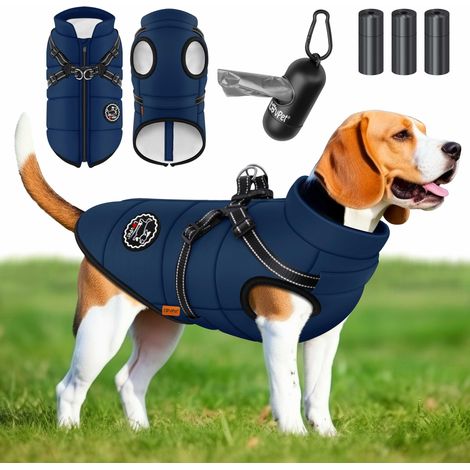 LOVPET® Hundejacke Hundemantel mit Geschirr   inkl. 45 Stück Kotbeutel + Spender   Hunde Winterweste gefüttert wasserdicht   Gepolsterte Weste Mit Brustgurt   Navyblau / 5XL