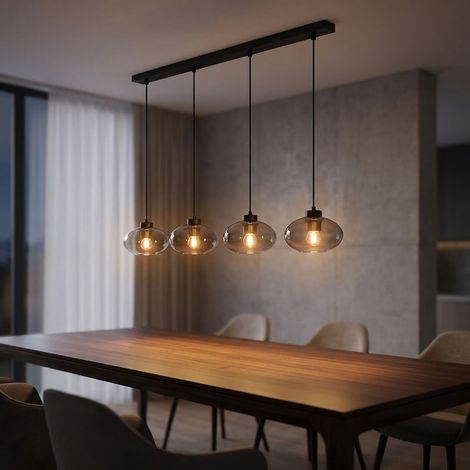 Pendelleuchte Hängelampe Esszimmerleuchte 4 flammig Wohnzimmer Glas rauch, Metall schwarz, 4x E27, LxBxH 96x18x120 cm