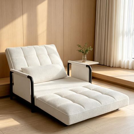 Divano letto 180x80 cm – Letto pieghevole – 5 posizioni regolabili – Lana d'agnello beige – Tasche interne (1/5)