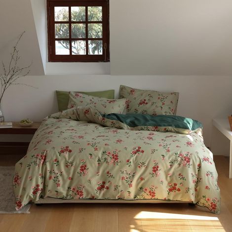 Bettwäsche-Set 155x220 cm mit 2 Kissenbezügen 80x80 cm, 100% Baumwolle, Blumenmuster Grün/Rot
