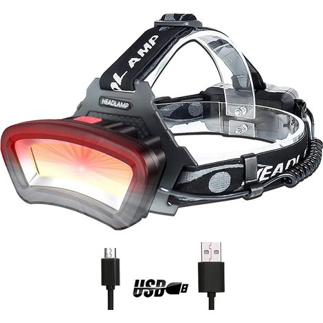 COB-LED-Stirnlampe, USB-wiederaufladbar, wasserdicht, 2000 Lumen, mit Rotlicht, Arbeitsleuchte für Helme, Autoreparaturen und Bauarbeiten, 7–14 Stunden Betriebsdauer