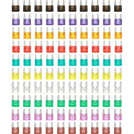 Set mit 100 verschiedenen Mini-Sicherungen für Pkw und Lkw: 2A, 3A, 5A, 7,5A, 10A, 15A, 20A, 25A, 30A und 35A.