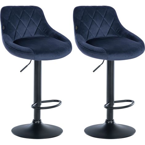 Juego de 2 taburetes de bar con costuras decorativas de rombos, asiento de terciopelo azul y estructura de metal negro TDB10774