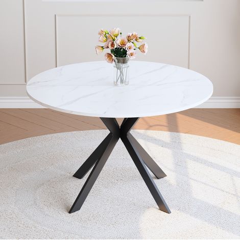 Mesa de comedor redonda 110 cm blanca efecto mármol en MDF con patas metálicas negras en X (1/5)
