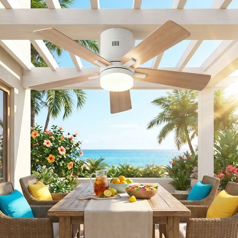 Ventilatore da Soffitto con Luce LED 42 Pollici 106 cm - Lampadario Ventilatore Silenzioso 5 Pale in Legno Massello, 6 Velocità, Telecomando, Funzione Estate/Inverno Reversibile - Naturale (1/5)