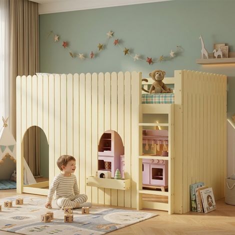 Lit mezzanine enfant avec rambardes de sécurité, couchage surélevé en pin et MDF, teinte naturelle, 90x200 cm, échelle droite 3 marches, éclairage LED multicolore, hublots décoratifs, espace de rangem (1/5)