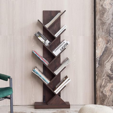 Tree-shaped bookcase with drawer, freestanding bookcase for DVDs/CDs/magazines/books for living room, bedroom, home office (83 x 31 x 18 cm) (1/5)