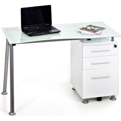 Scrivania porta pc Record colore BIANCO 120x60x75h piano vetro Temperato