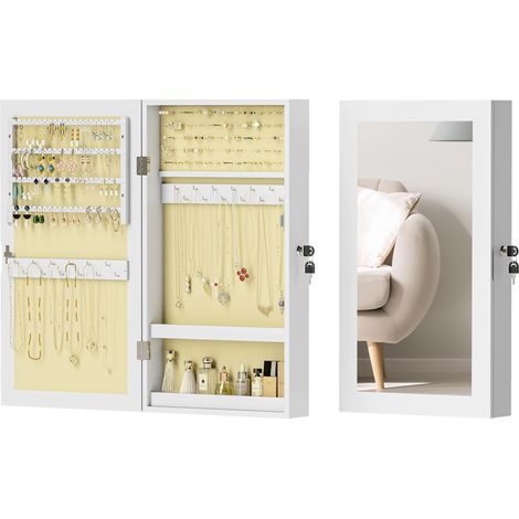 Armoire à bijoux murale avec miroir et 2 clés de sécurité, en bois, 36,5 x 9,5 x 67 cm, blanche (1/5)