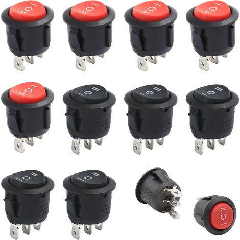 10 Pieces Mini 3-Position Rocker Switches, 3 Pins, Round On/Off Button, 3 Pole Switch, On/Off, Black, Red, For Car, Boat, Household Appliances 10A/125V 6A/250V