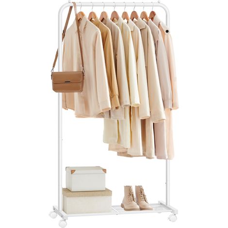 Porte-Vêtements à Roulettes, Penderie 74 cm, Porte-Vêtements pour Suspendre les Vêtements, Étagère de Rangement en Maille Dense, Capacité de Charge de 35 kg, 2 Freins, Blanc HSR130W01 (1/5)