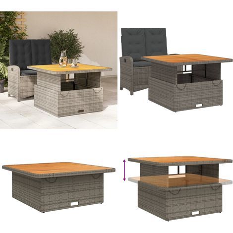 Juego de comedor jardín 2 pzas con cojines ratán sintético gris - Banco reclinable - Mesa de jardín elevable