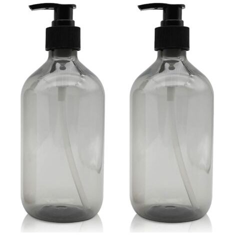 2 unità di distributori di sapone con capacità di 500 ml, bottiglie di plastica vuote con pompa a pressione, riutilizzabili per oli essenziali, lozioni, shampoo e balsami (Grigio) (1/3)