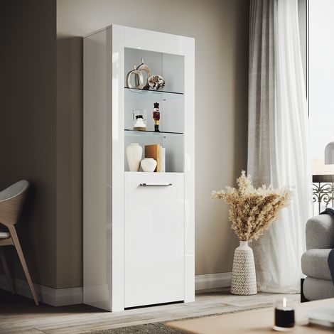 ELEGANT Designer Large Display Cabinet Cupboard in White High Gloss Multicolour LED Lights 5mm Tempered Safety Glass Shelves 1650 x 600 x 35 mm