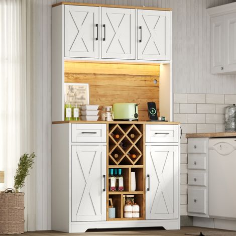 Armoire de cuisine, armoire de rangement haute avec éclairage LED, garde-manger avec étagères à vin, armoire à vin et vitrine pour salon et salle à manger, 180 × 105 × 40 cm (1/5)