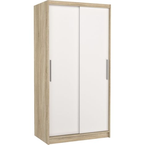 Petite armoire de chambre à coucher bois clair 2 portes coulissantes blanches Kilane 100cm (1/5)