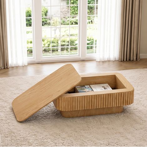 Table basse 98x60x35 cm MDF et placage bois coloris naturel, rangement caché pour salon – MEUBLIV (1/5)
