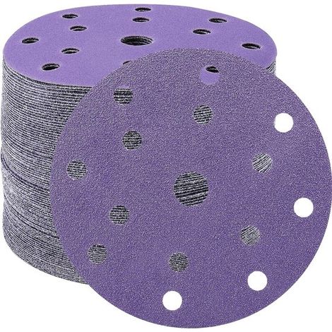 Discos de lijado de 150 mm, papel de lija de grano 60, 45 piezas, discos de lijado de 15 agujeros para lijadora orbital (morado) (1/2)