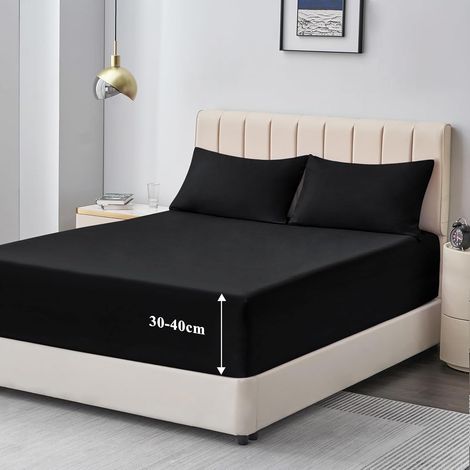 Drap Housse 90x190/200 Grand Bonnet 40 cm - Drap Housse 1 Personne 90x200/190 Grand Bonnet 40 cm Matelas en Microfibre Oeko-Tex avec Élastique Tout Autour, Noir (1/4)