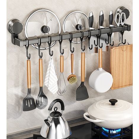 Barre de Rangement Murale 50 cm avec Ventouses – Support Amovible sans Percage pour Cuisine, Balcon, Vestiaire – Organisateur Gain de Place, Gris (1/4)