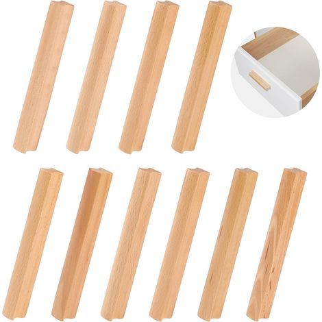 10 Pièces Poignee de Meuble en Bois, Poignée Bois pour Armoire, Espacement des Trous 128 mm de Poignée de Meuble Placards en Bois, Poignées de Cuisine en Bois Universelles pour Les Placards (1/5)