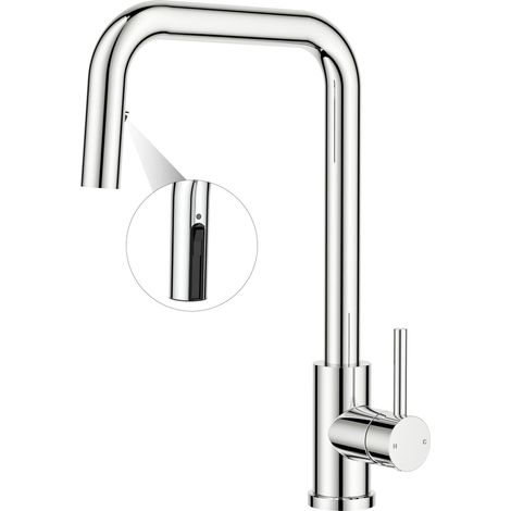 Robinet Cuisine, Mitigeur Cuisine à douchette escamotable, Robinet Evier 360° rotatif, Robinet de cuisine monocommande eau chaude et froide, Chrome Poli (1/5)