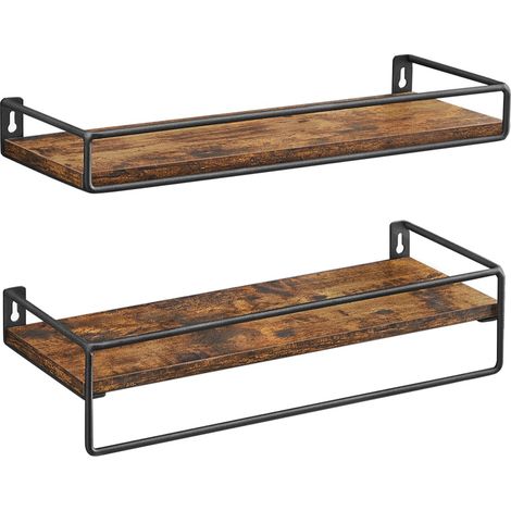 Lot de 2 étagères murales tablettes suspendues avec tringle rangements flottants cuisine chambre salon marron rustique et noir (1/2)