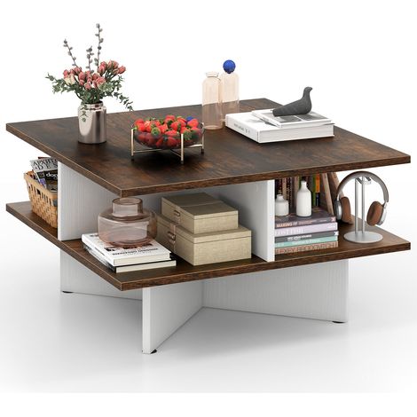 2-Tier Square Coffee Table with 4 Storage Compartments-Rustic Brown (1/5)