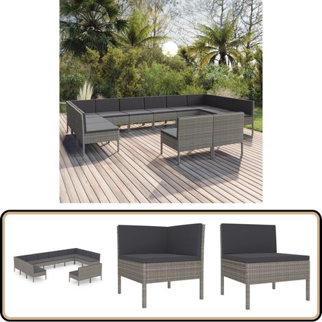 Salon de jardin 12 pcs avec coussins Résine tressée Gris - Salon De Jardin - Mobilier De Jardin - Set De Salon De Jardin - Résine Tressée - Fauteuil De Jardin